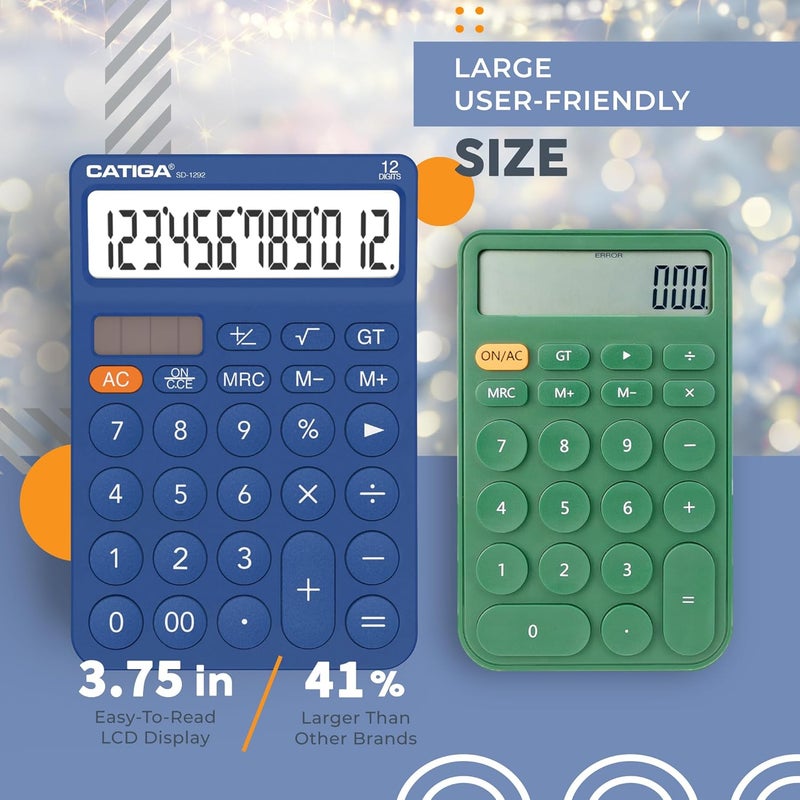 CATIGA 12 Digit Desktop Calculator Basic Desk Calculator with Large LCD Display, Big Buttons, 4 Function, Solar and Battery Dual Power, for Office, School, Home, SD-1292 Navy Blue - Image 3